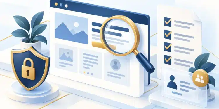 Kiểm tra landing page quảng cáo bằng kính lúp, danh sách rà soát và biểu tượng quyền riêng tư