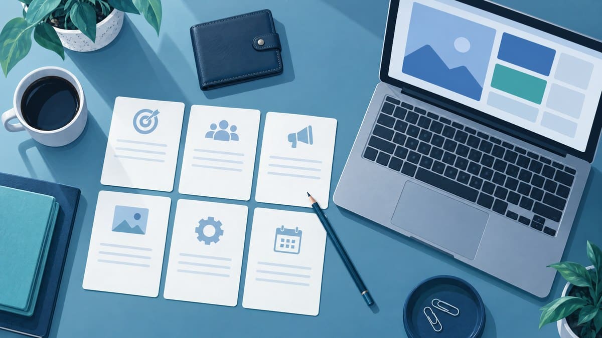 Minh họa ngân sách thực hành ads: bàn chuẩn bị kế hoạch với laptop, thẻ ý tưởng và ví.