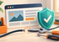 Website bị xâm phạm minh họa bằng cửa sổ web, khiên bảo vệ và dụng cụ sửa chữa