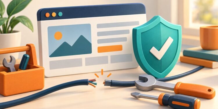 Website bị xâm phạm minh họa bằng cửa sổ web, khiên bảo vệ và dụng cụ sửa chữa