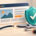 Website bị xâm phạm minh họa bằng cửa sổ web, khiên bảo vệ và dụng cụ sửa chữa