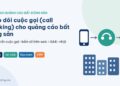 Sơ đồ call tracking bất động sản: điện thoại, biểu tượng cuộc gọi và bảng ghi nguồn, kèm các nhãn Call asset, tel: click, Key event, CRM