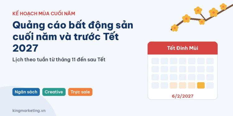Lịch quảng cáo bất động sản cuối năm từ tháng 11 đến sau Tết 2027 với ô lịch, cành mai và các nhãn ngân sách, creative, trực sale