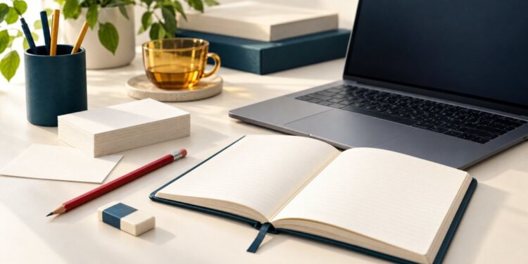 Bút chì đỏ, tẩy và các thẻ nội dung cạnh laptop, minh họa chính sách biên tập Google Ads.