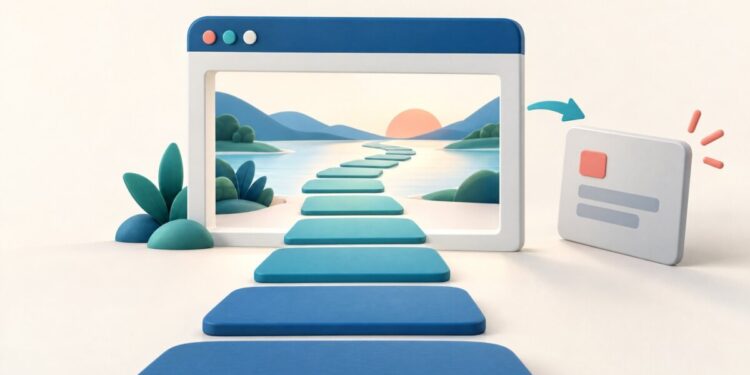 Minh họa lỗi trải nghiệm trang đích Google Ads với đường đi thông thoáng và lớp phủ được đặt sang bên