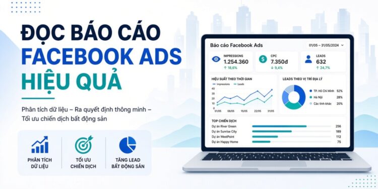 Bảng báo cáo quảng cáo Facebook trong Ads Manager dành cho dự án bất động sản với các cột chỉ số chính
