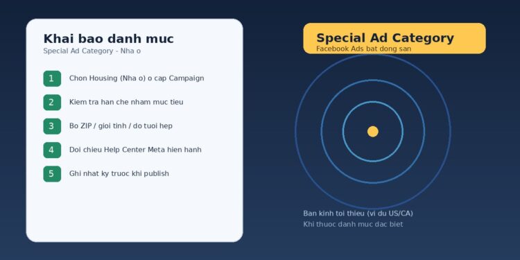 Minh họa checklist khai báo Special Ad Category Housing cho quảng cáo bất động sản trên Ads Manager với vòng bán kính vị trí