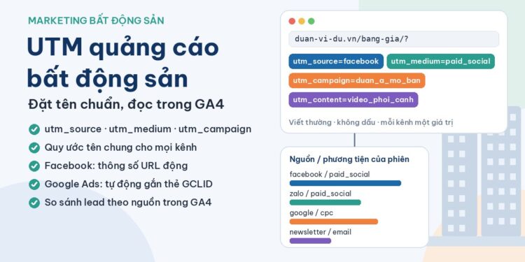 Minh họa UTM quảng cáo bất động sản: link trang dự án gắn utm_source, utm_medium, utm_campaign và báo cáo nguồn/phương tiện của phiên trong GA4