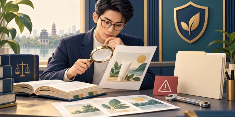 Minh họa kiểm tra Google Ads bị từ chối: chuyên viên đối chiếu mẫu quảng cáo với sách tham khảo cạnh thẻ cảnh báo.