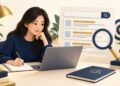 Người học Google Ads Search xem laptop và sổ ghi chú cạnh kính lúp cùng các thẻ kết quả tìm kiếm minh họa.