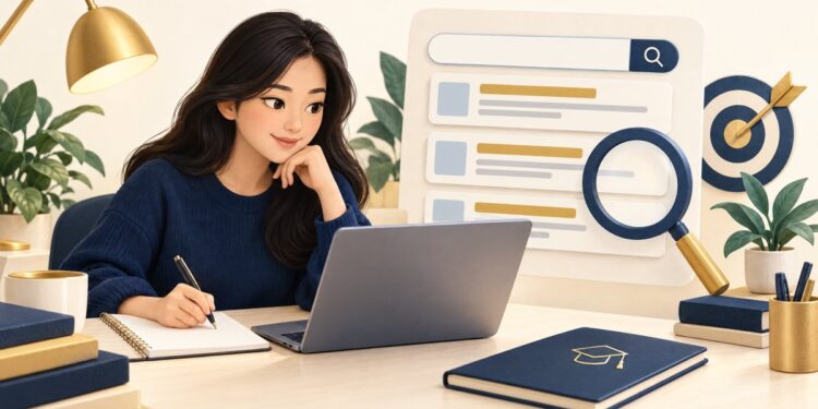 Người học Google Ads Search xem laptop và sổ ghi chú cạnh kính lúp cùng các thẻ kết quả tìm kiếm minh họa.