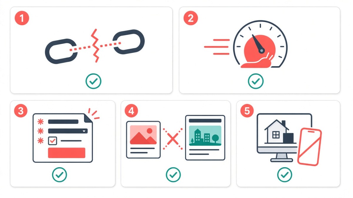 Infographic 5 lỗi thường gặp khi tối ưu trang nhận lead bất động sản kèm biểu tượng checklist