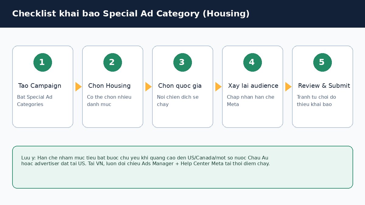 Sơ đồ 5 bước checklist khai báo Special Ad Category Housing từ tạo campaign đến review trước khi publish