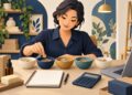 Minh họa ngân sách thực hành ads: chủ shop phân bổ đồng xu vào năm bát nhỏ cạnh sổ, máy tính tay và laptop.
