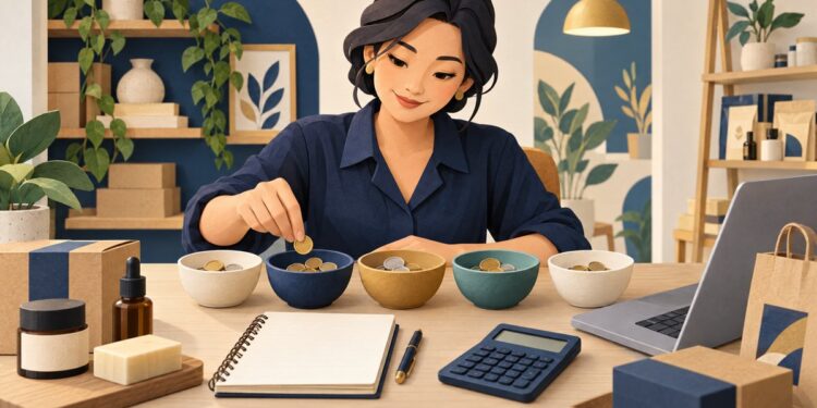 Minh họa ngân sách thực hành ads: chủ shop phân bổ đồng xu vào năm bát nhỏ cạnh sổ, máy tính tay và laptop.