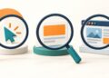 Điểm chất lượng Google Ads: ba kính lúp kiểm tra con trỏ, mẫu quảng cáo và trang đích