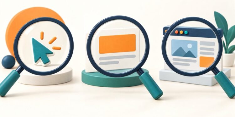 Điểm chất lượng Google Ads: ba kính lúp kiểm tra con trỏ, mẫu quảng cáo và trang đích