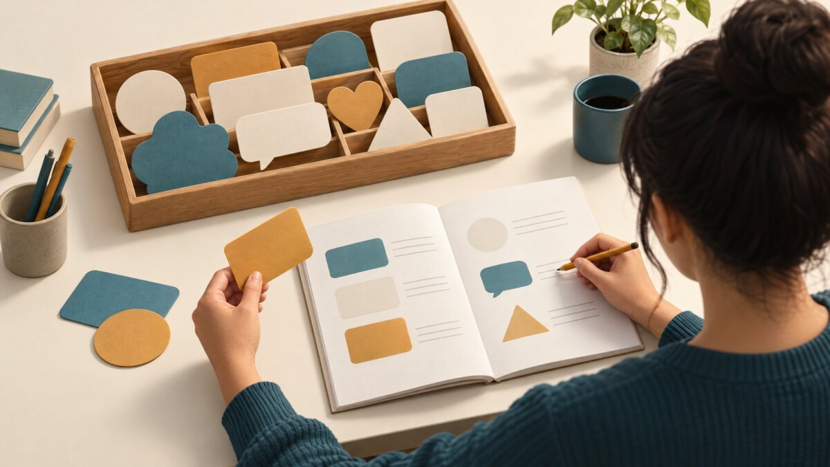 Người học đối chiếu thẻ thông điệp với sổ bài tập, minh họa bài tập viết quảng cáo RSA.