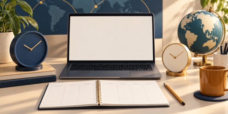 Lịch quảng cáo Google Ads minh họa bằng hai đồng hồ, laptop và sổ kế hoạch