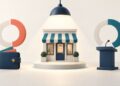 Tỷ lệ hiển thị Google Ads minh họa bằng cửa hàng, ví và bục quảng cáo
