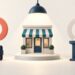 Tỷ lệ hiển thị Google Ads minh họa bằng cửa hàng, ví và bục quảng cáo