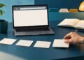 Người học chọn thẻ trang đích cạnh laptop, minh họa lập kế hoạch sitelink Google Ads.