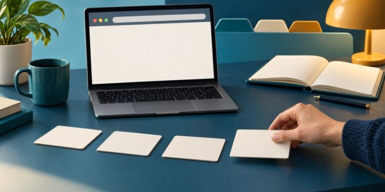 Người học chọn thẻ trang đích cạnh laptop, minh họa lập kế hoạch sitelink Google Ads.