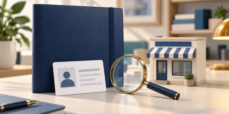 Xác minh nhà quảng cáo Google Ads minh họa bằng hồ sơ, thẻ nhận diện trống và mô hình cửa hàng